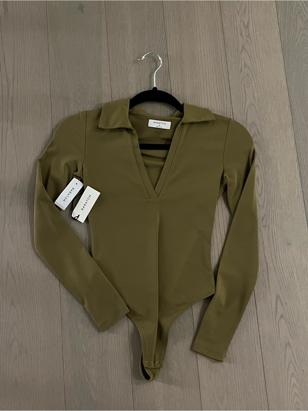 Babaton Olive Collared V-Neck Long-Sleeve Bodysuit